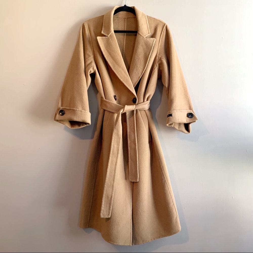 Handmade Wool Trench Coat Camel Tan Double Button Lapel Belted Overcoat XS/S